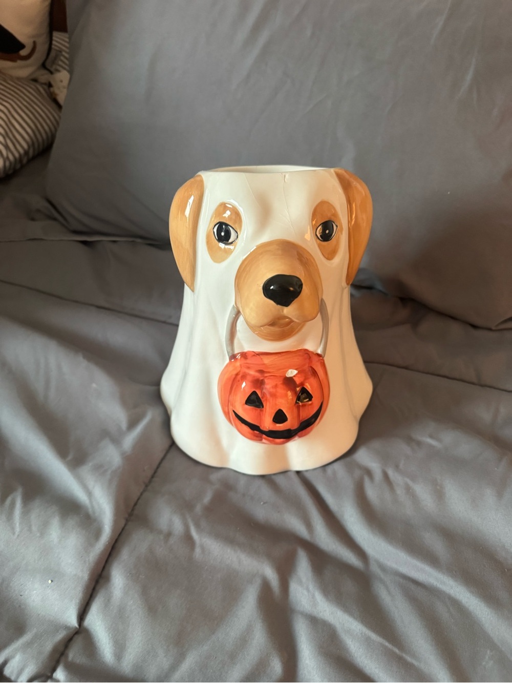 Dog Ghost Ceramic Halloween Candy Holder - White and Orange
